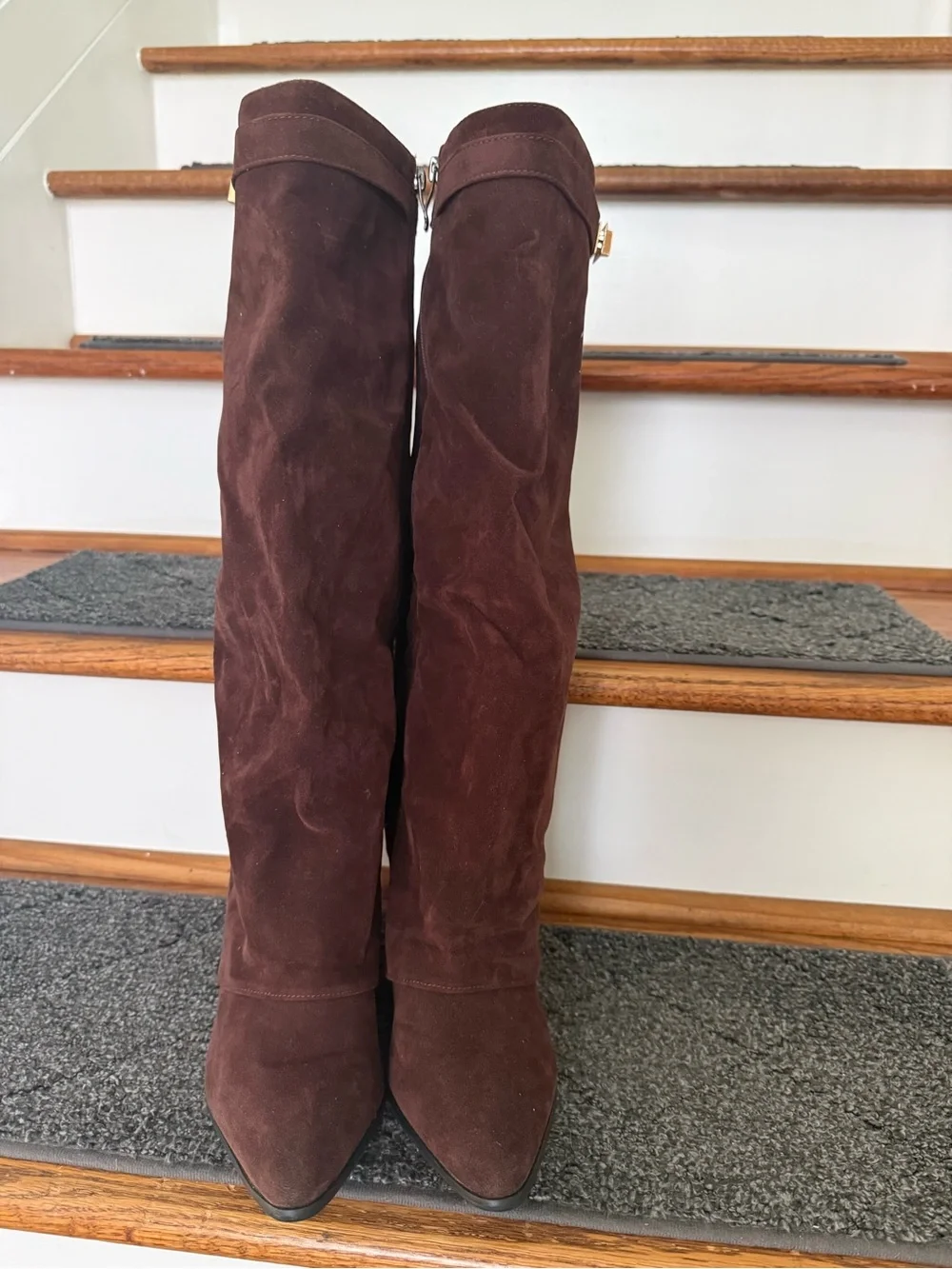 Tracy Over-the-Knee Suede Boots in Dark Brown with Gold Buckle Detail